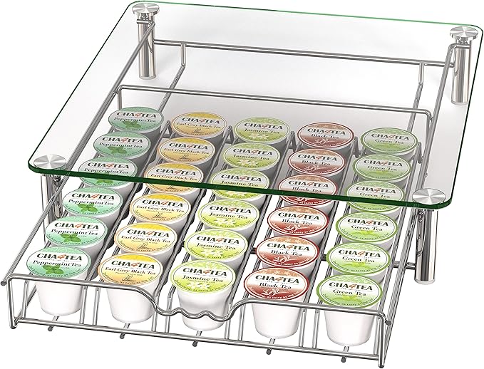 Deco Brothers Crystal Tempered Glass K-Cup Holder Drawer for 30 Coffee Pods Storage, Chrome-NeatNest