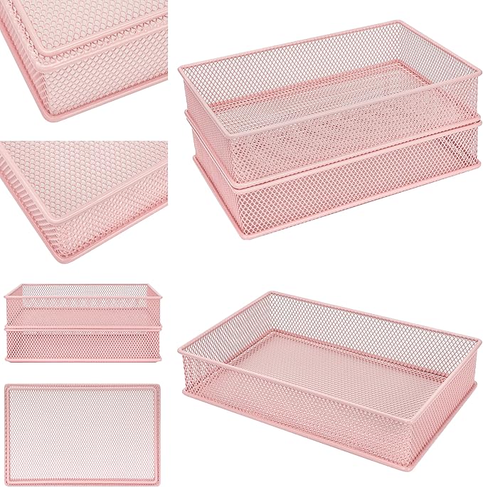 Annova Mesh Stackable Drawer Cabinet and Shelf Organizer Bins Storage Basket School Office Supply Holder Tray- Set of 2 (Light Pink, 6x9x2 Inch)-NeatNest