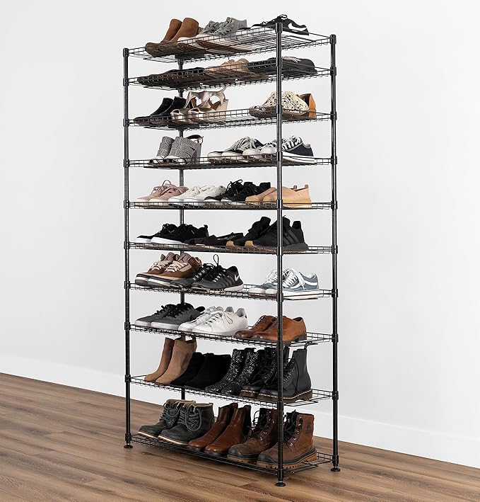 SafeRacks 10-Tier Shoe Rack - Black, Large Shoe Storage Organizer, 60 Pair, Heavy Duty Shoe Stand with Vertical Free Standing Shoe Shelf, Perfect for Entryway, Closet, Garage, & Bedroom Storage-NeatNest