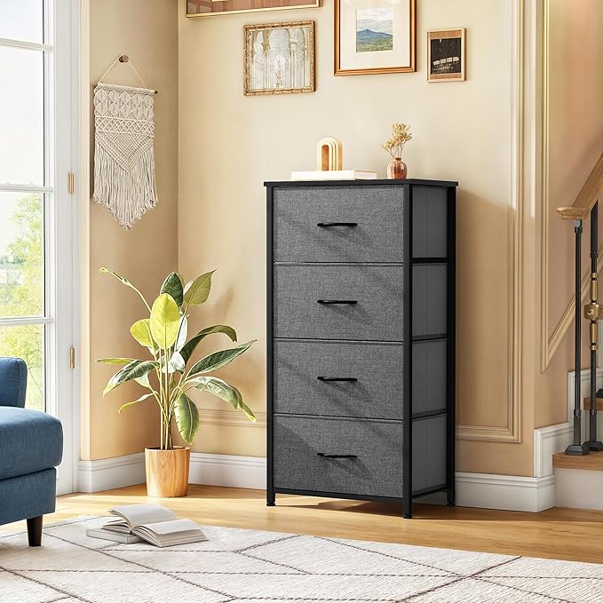 DWVO Storage Tower with 4 Drawers - Fabric Dresser, Organizer Unit for Bedroom, Living Room, Closets - Sturdy Steel Frame, Easy Pull Fabric Bins & Wooden Top-NeatNest
