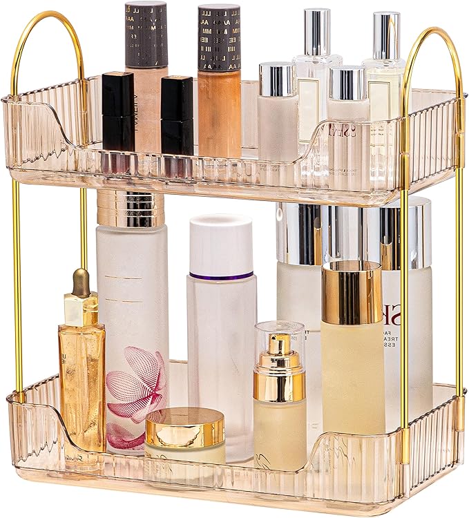 2 Tier Bathroom Organizer Countertop Makeup Perfume Tray Skincare Organizer for Bathroom Dresser Vanity (Gold)-NeatNest
