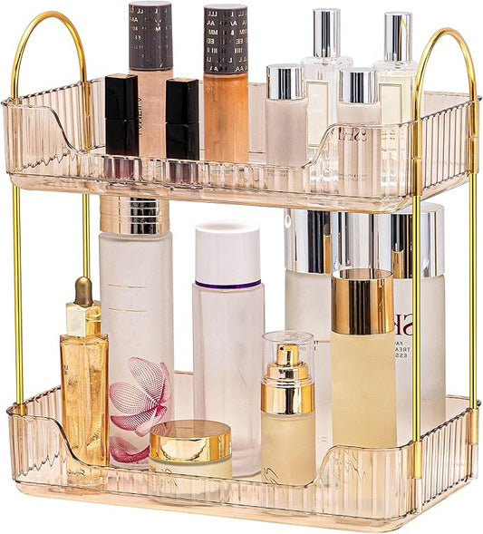 2 Tier Bathroom Organizer Countertop Makeup Perfume Tray Skincare Organizer for Bathroom Dresser Vanity (Gold)-NeatNest