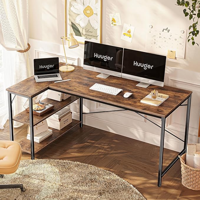 Huuger L Shaped Desk, 55 Inches Computer Desk with Reversible Storage Shelves, for Gaming Corner Home Office Writing Study, Metal Frame, Rustic Brown-NeatNest