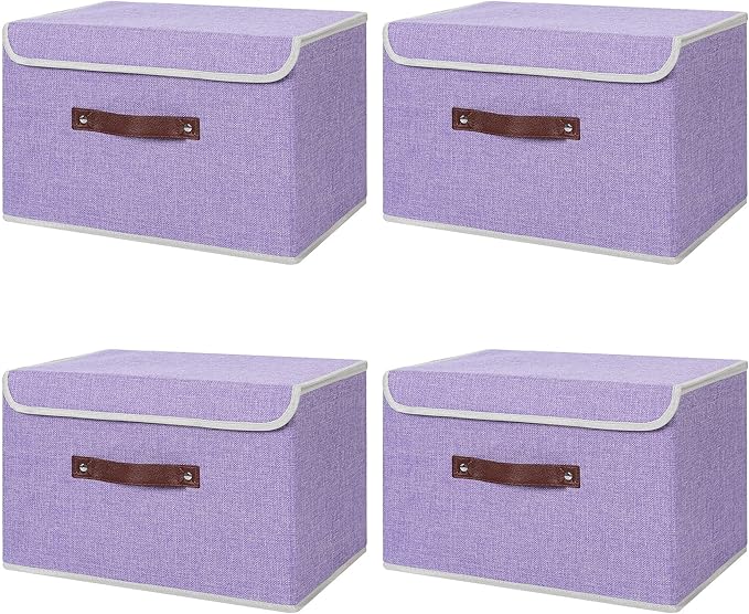 ANMINY 4PCS Storage Bins with Lid PU Leather Handles Storage Boxes PP Plastic Board Decorative Foldable Lidded Cotton Linen Fabric Home Cubes Baskets Closet Organizer Containers - Purple, Large Size-NeatNest