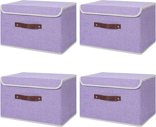ANMINY 4PCS Storage Bins with Lid PU Leather Handles Storage Boxes PP Plastic Board Decorative Foldable Lidded Cotton Linen Fabric Home Cubes Baskets Closet Organizer Containers - Purple, Large Size-NeatNest