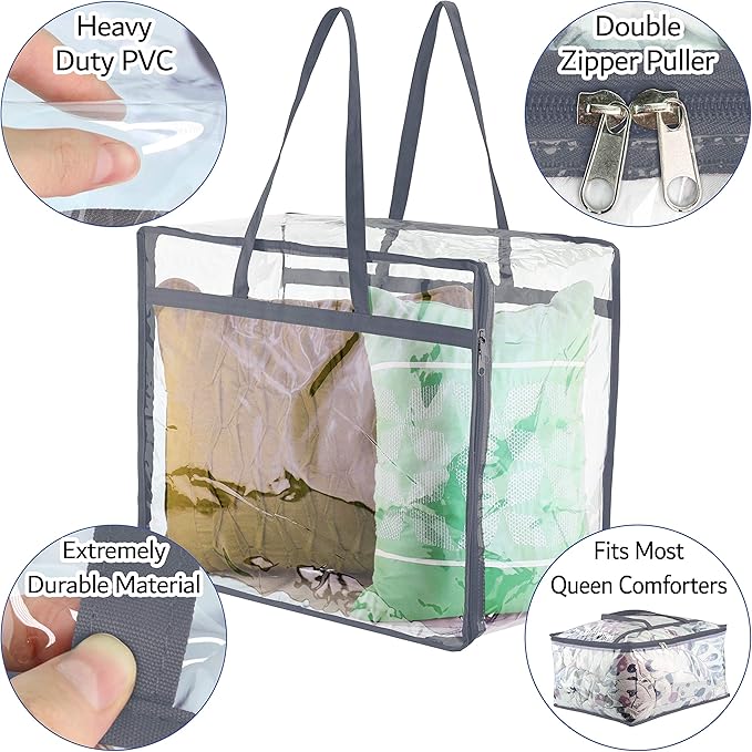 Clear Vinyl Zippered Storage Bags (3-Pack) 40L Sturdy Storage Bags for Sweaters, Blankets, Comforters, Bedding Sets and Much More! (Gray, 18x15x9)-NeatNest