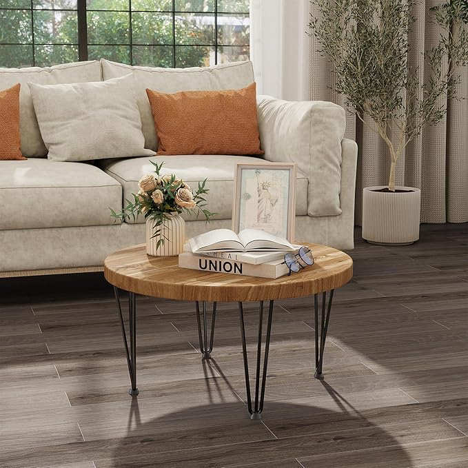 Fun Memories Round Coffee Table - Elm Wood Nesting Table with Metal Legs & Non Slip Feet Base - Rustic Nesting End Tables for Living Room Bedroom - 27.5" D x 27.5" W x 16" H - Natural Color