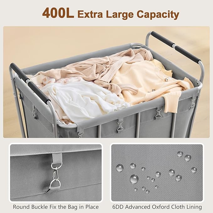Hoctieon Large Laundry Cart with Wheels, 400L Heavy Duty Laundry Basket Organizer, Rolling Hamper Sorter for Clothes Storage, Industrial Dirty Clothes Hamper for Home & Hotel, Gray-NeatNest