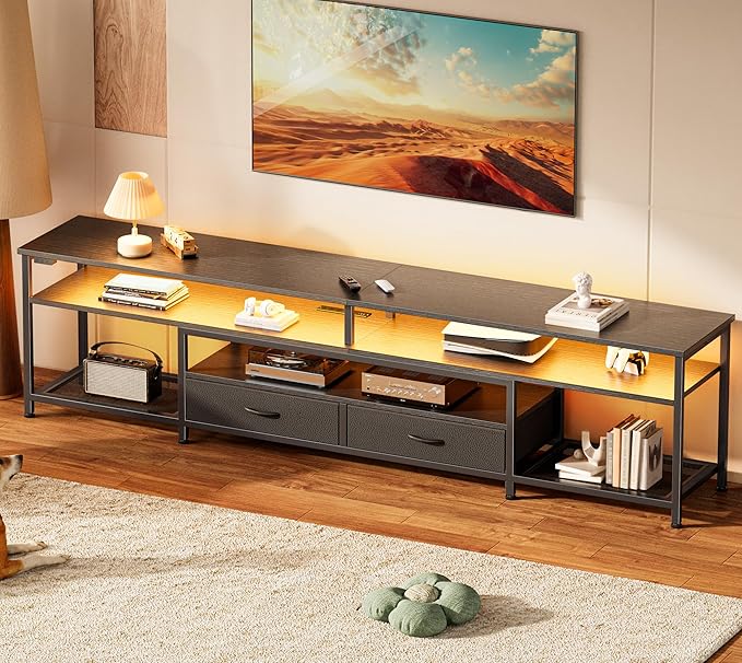 Huuger 79 Inch TV Stand for 85, 90 Inch TV, Entertainment Center with LED Lights and Power Outlets, TV Console with Drawers, Shelves, Type C, PU Leather Surface, for Living Room, Black-NeatNest