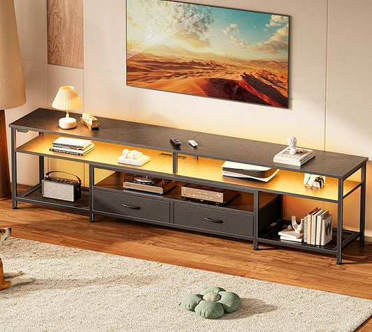 Huuger 79 Inch TV Stand for 85, 90 Inch TV, Entertainment Center with LED Lights and Power Outlets, TV Console with Drawers, Shelves, Type C, PU Leather Surface, for Living Room, Black-NeatNest