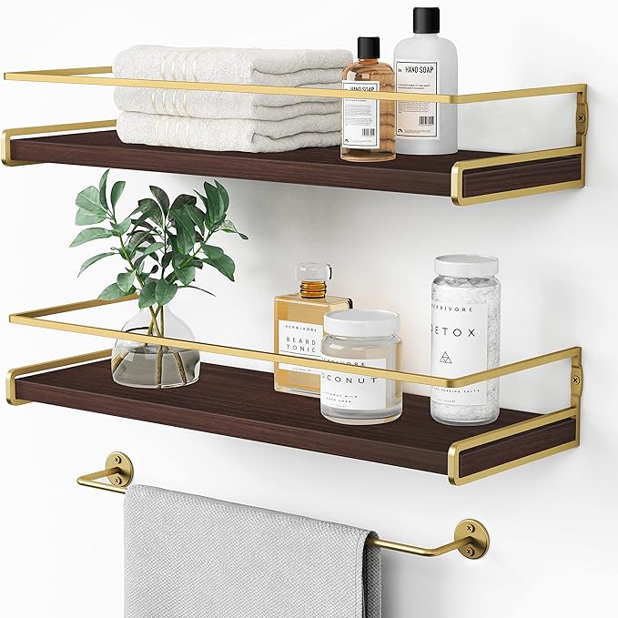Floating Shelves Bathroom Shelves Over Toilet Set of 2, Bathroom Wall Shelves with Towel Bar, Wall Mounted Vanity Shelf for Bedroom, Kids Room, Kitchen (Brown & Gold)-NeatNest