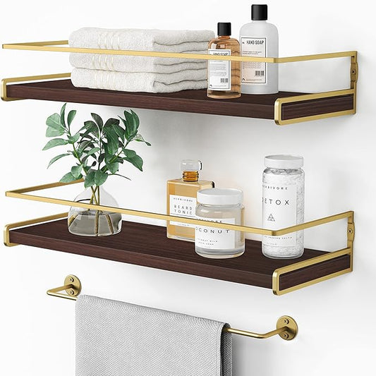 Floating Shelves Bathroom Shelves Over Toilet Set of 2, Bathroom Wall Shelves with Towel Bar, Wall Mounted Vanity Shelf for Bedroom, Kids Room, Kitchen (Brown & Gold)-NeatNest