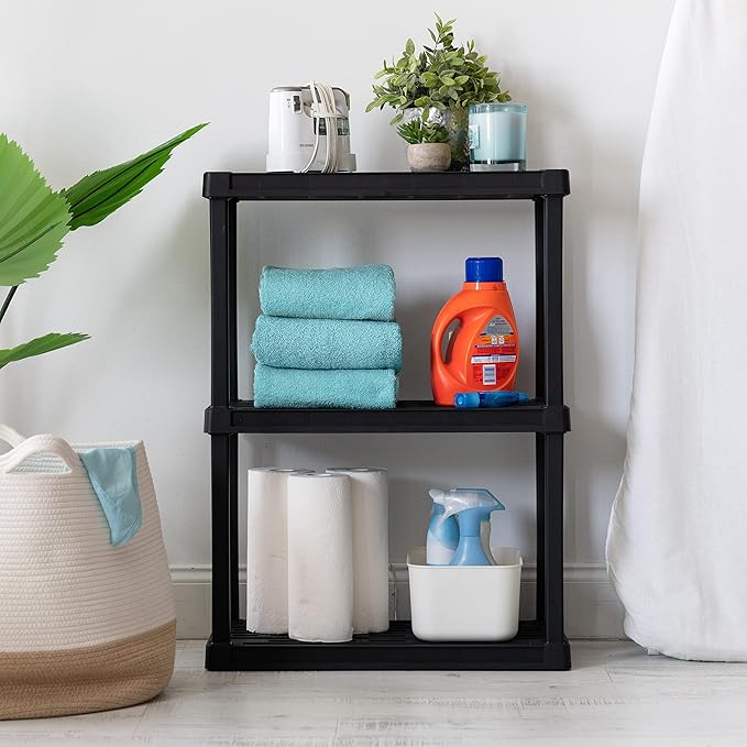 IRIS USA 3-Shelf Light Duty Plastic Storage Shelves, 150lb Capacity, 33"H x 24"W x 12"D, Medium Modular Shelving Unit Storage Organizer for Bathroom, Laundry, Garage & Home, Storage Rack - Black