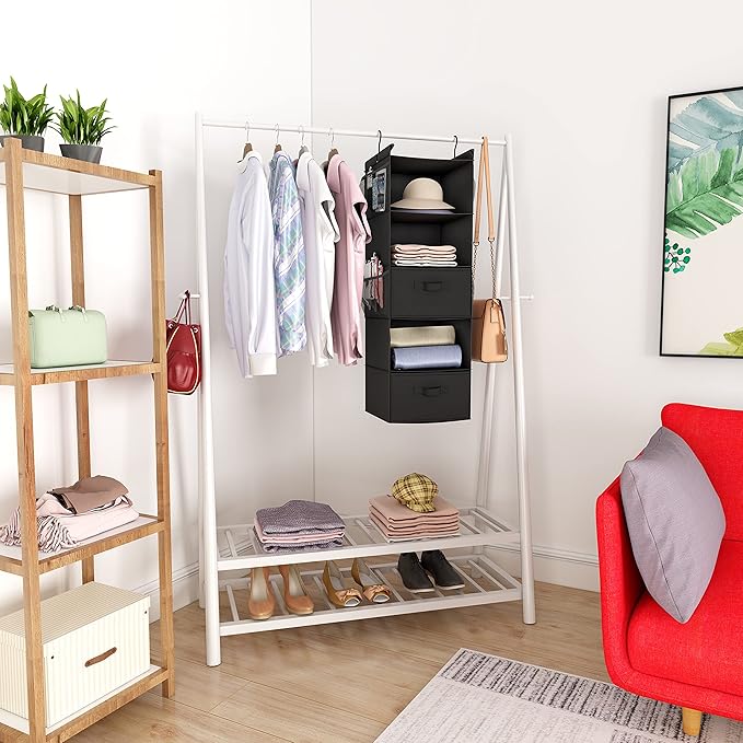 MAX Houser 5 Tier Shelf Hanging Closet Organizer, Cloth Hanging Shelf with 2 Sturdy Hooks for Storage, Foldable (Black-D2)-NeatNest