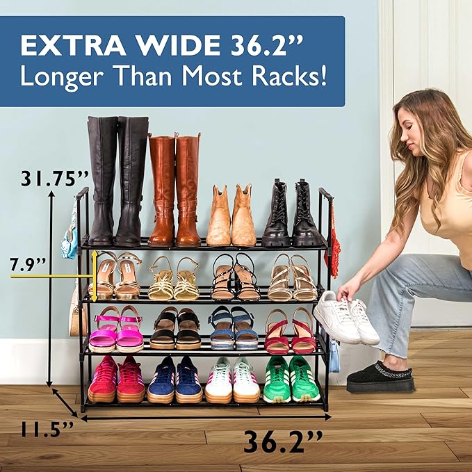 Sundaze Shoe Rack - 4 Tier Metal Shoe Rack for Front Door Entrance, Sturdy Long Shoe Organizer for Closet, Bedroom, Entryway, Garage, Black Metal Shoe Shelf, Holds Up to 20 Pairs-NeatNest