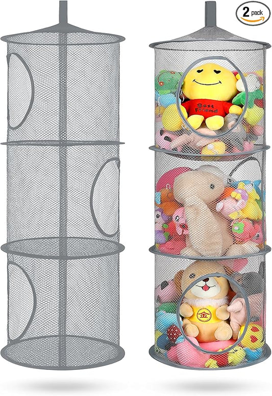 2Pcs Stuffed Animal Storage Foldable Stuffed Animal Net or Hammock Organizer, 3 Compartments Hanging Mesh Toy Storage Hammock for Kid Room Toys, Gloves, Hats, Socks（Grey）-NeatNest