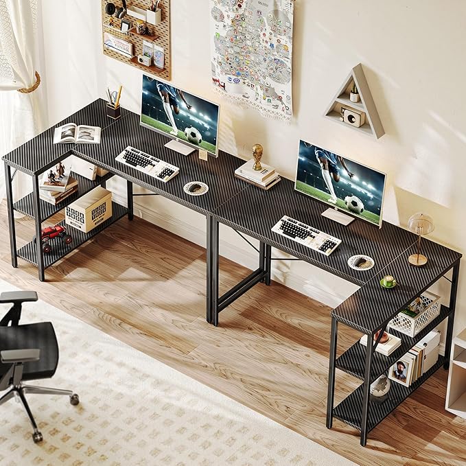 Huuger L Shaped Desk, 47 Inch Gaming & Home Office Desk with Reversible Storage Shelves, Metal Frame, Carbon Fiber Black-NeatNest