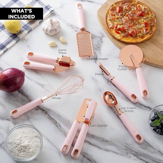 COOK WITH COLOR Kitchen Gadget Set Copper Plated Stainless Steel Utensils with Soft Touch Handles, Copper Pink, 7 Pieces-NeatNest