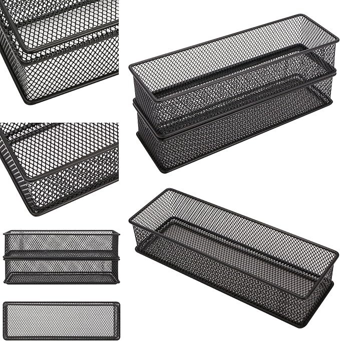 Annova Mesh Stackable Drawer Cabinet and Shelf Organizer Bins Storage Basket School Office Supply Holder Tray- Set of 2 (Black, 3x9x2 Inch)-NeatNest