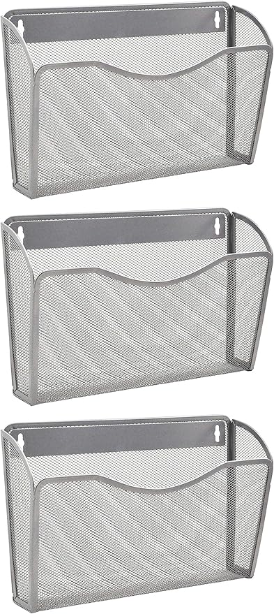 EASEPRES 3 Single Pocket Mesh Hanging File Organizer, Vertical Wall Mounted Magazine File Holder, Mount Basket Mail Paper Document Folder Organizing for Office, Home and School, Silver