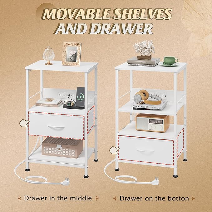 WLIVE White Night Stand with Charging Station, LED Nightstand with Adjustable Fabric Drawer, 3-Tier Storage Bedside Table, Small End Side Tables for Bedroom
