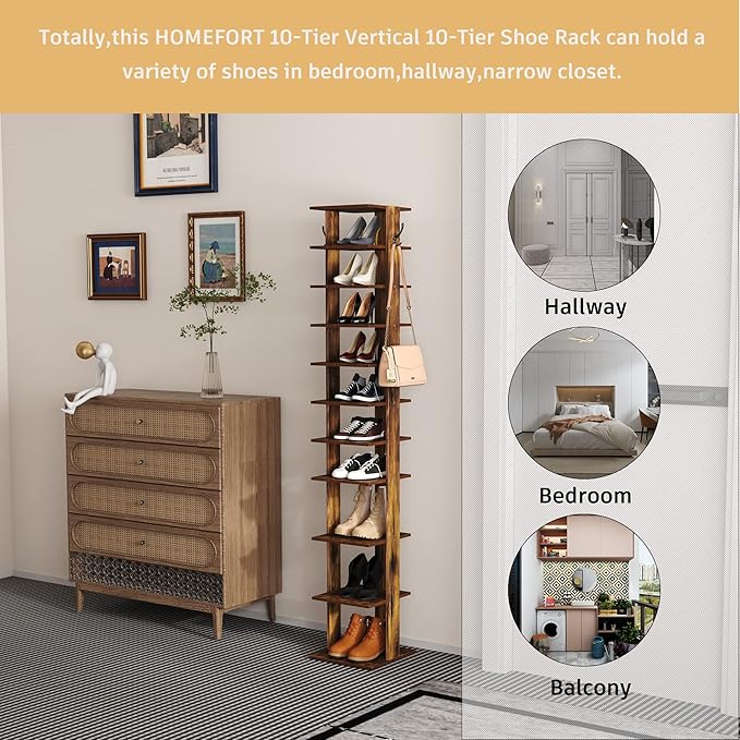 HOMEFORT 10-Tier Vertical Shoe Rack, Corner Shoe Tower, Slim Shoe Organizer with Two Hanging Hooks, Wooden Shoe Storage Stand for Entryway, Hallway, Closet, Rustic Brown-NeatNest