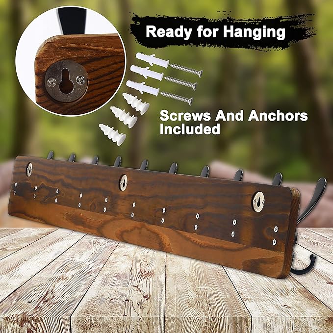 Dseap Coat Rack Wall Mounted - 10 Tri Hooks, 38-1/4" Long, Heavy Duty Wooden Wall Coat Hanger Coat Hook for Clothes Hat Jacket Clothing, Natural & Black
