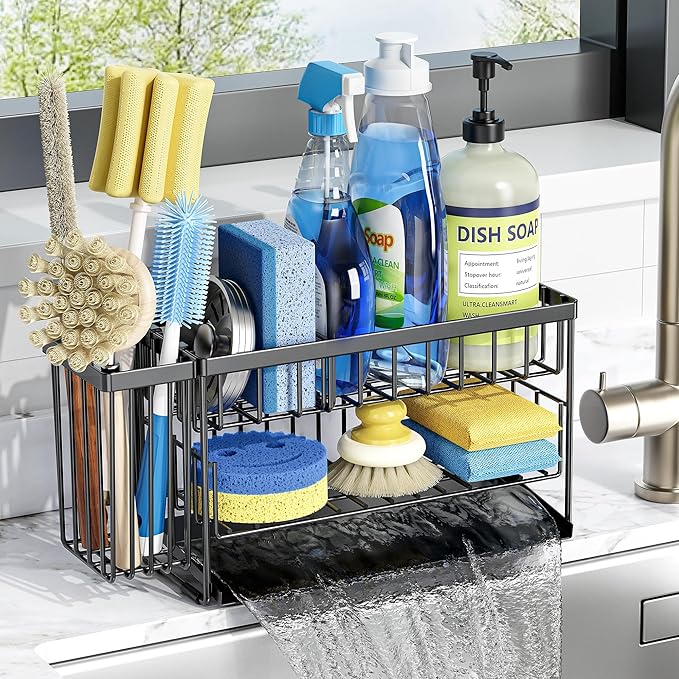 Cisily 2-Tier Kitchen Sink Caddy Organzier Rack with Flexible Dish Brush Holder, Sponge Holder for Kitchen Sink Countertop Organization Storage,Home Decor Accessories Essentials Stainless Steel-NeatNest