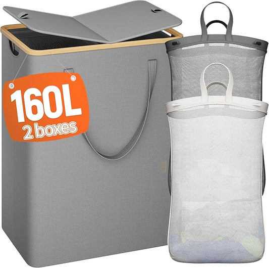 160L Double Laundry Hamper with Lid 2 Section, Large Bamboo Laundry Basket with 2 Removable Bags, Clothes Hampers for Laundry for Bedroom, Bathroom, Dorm, Laundry Room, Grey-NeatNest