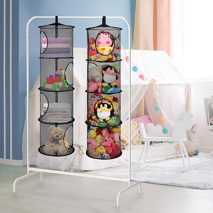 2Pcs Stuffed Animal Storage Organizer Foldable Stuffed Animal Net or Hammock Organizer, 4 Compartments Hanging Mesh Toy Storage Hammock for Kid Room Toys, Gloves, Hats, Socks(Black)-NeatNest