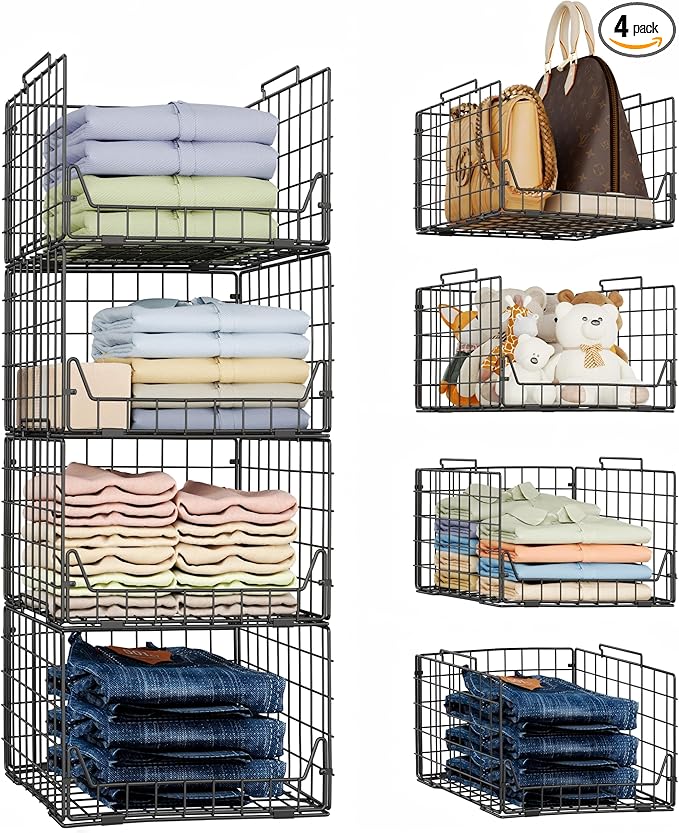 Stackable Closet Organizers and Storage Bins 4 Pack, Sturdy Metal Clothes Storage Container for Clothes Pants Sweaters, Black Folded Drawer Shelf Organizer for Closet Wardrobe