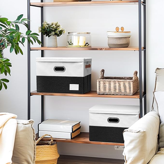 Foldable Fabric Storage Boxes with Lids, Collapsible Versatile Bins Baskets Cubes with Handles for Easy Organization in Closet, Living Room, and Bedroom (Black & White, 2PCS/11.4*8.6*6.7in)-NeatNest