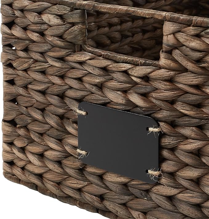 Casafield Set of 2 Water Hyacinth Pantry Baskets, 12-1/2" x 17" x 8", with Chalkboard Labels and Chalk Marker - Espresso, Woven Storage Bin Organizers for Kitchen Shelves-NeatNest