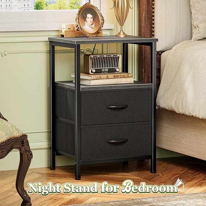 Huuger Night Stand with 2 Drawers, Bed Side Table with Open Shelf, Wooden Top, Nightstand for Bedroom, End Table for Small Space, Fabric Drawer, Grey