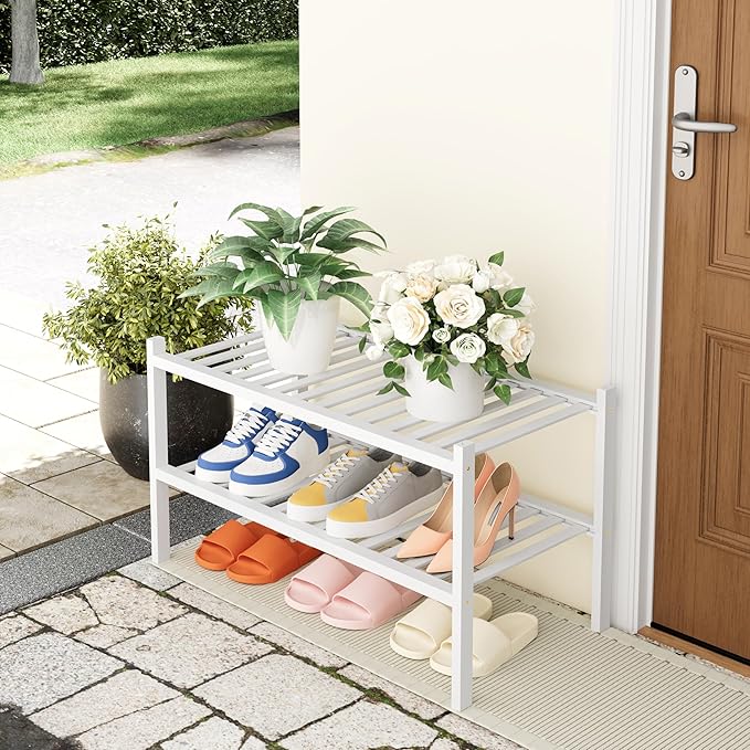 Smiry Shoe Rack, 2 Tier Thick Bamboo Shoe Organizer, Stackable Free Standing Wooden Shoe Storage Shelf for Closet, Entryway, Front Door Entrance, White-NeatNest