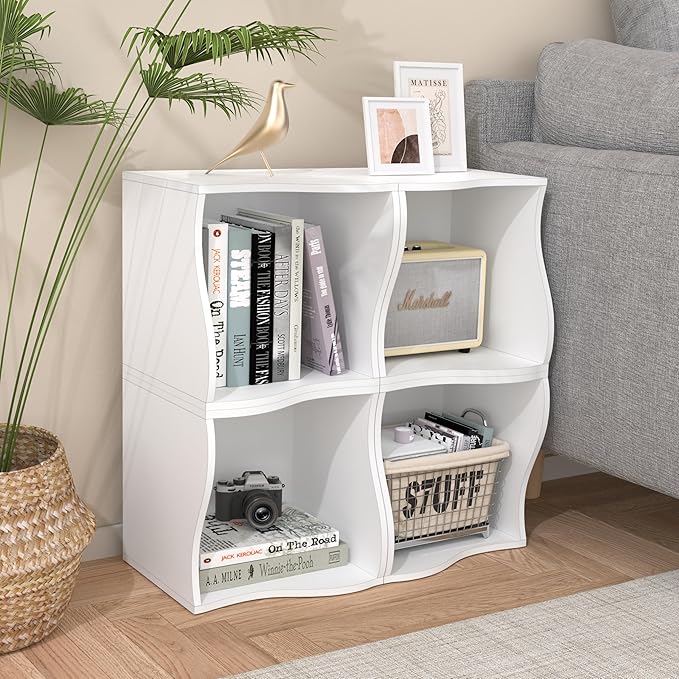 4 Cube Storage Organizer Shelf, Stackable Wooden Bookshelf, Modular Bookcase for Bedroom, Living Room, Office, Study (White)