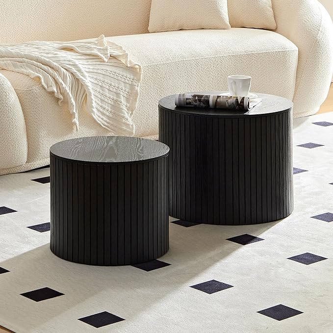 kevinplus Black Coffee Table Nesting Tables Set of 2 for Living Room, Modern Circle Drum Small Coffee Table with Storage Contemporary Side Table End Table with Moveable Lid, Black
