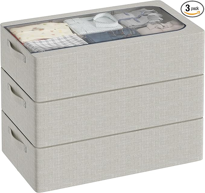 3PCS Under Bed Storage Bins with Metal Frame, Linen Fabric Frame Storage Box Clothes Organizer Bins, Underbed Container with Clear Window (Light Grey, 23.6 x 13 x 6IN)-NeatNest