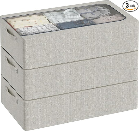 3PCS Under Bed Storage Bins with Metal Frame, Linen Fabric Frame Storage Box Clothes Organizer Bins, Underbed Container with Clear Window (Light Grey, 23.6 x 13 x 6IN)-NeatNest