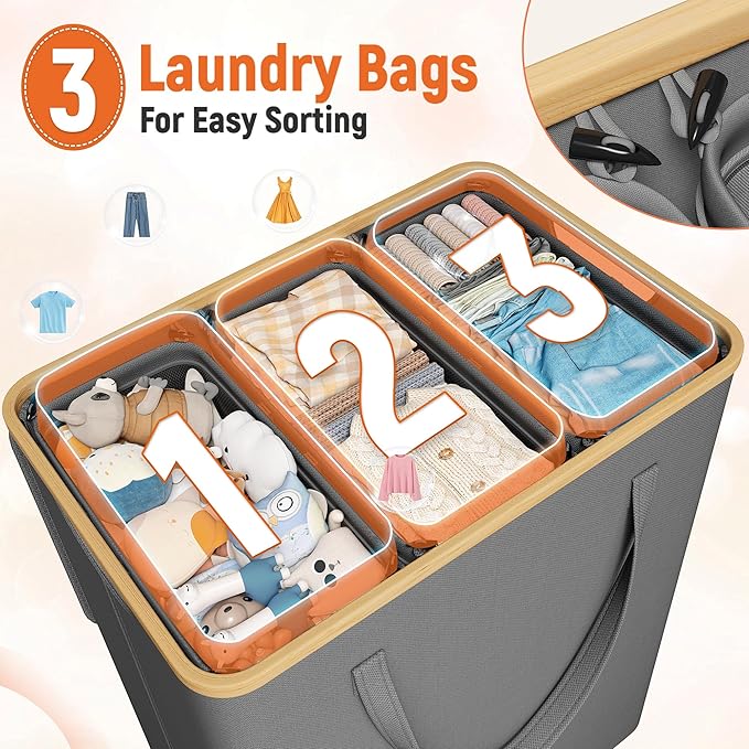 170L Laundry Hamper with Lid 3 Section, Extra Large Laundry Basket with 3 Removable Bags, Laundry Basket Organizer for Bedroom, Laundry Room, Dorm, Clothes Hamper, Grey-NeatNest