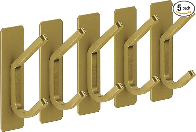 Brushed Gold Self Adhesive Towel Hooks for Bathroom Wall Door Mounted - SUS304 Stainless Steel Strong Strips Stick on 3M Wall Hooks for Hanging Coat, Hat, Bag, Key, Jacket – 5 Pack-NeatNest