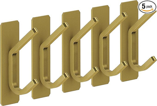 Brushed Gold Self Adhesive Towel Hooks for Bathroom Wall Door Mounted - SUS304 Stainless Steel Strong Strips Stick on 3M Wall Hooks for Hanging Coat, Hat, Bag, Key, Jacket – 5 Pack-NeatNest