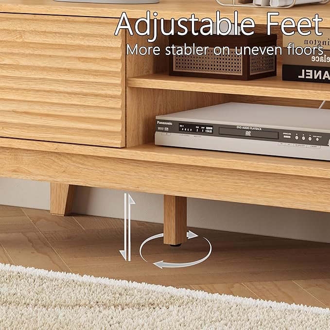 Fluted TV Stand for 55 65 Inch TV, Mid Century Modern Entertainment Center with Shelves, Cabinets & Sliding Doors, TV Media Console Table with Wood Feet & Cord Holes for Living Room, Bedroom, Natural-NeatNest