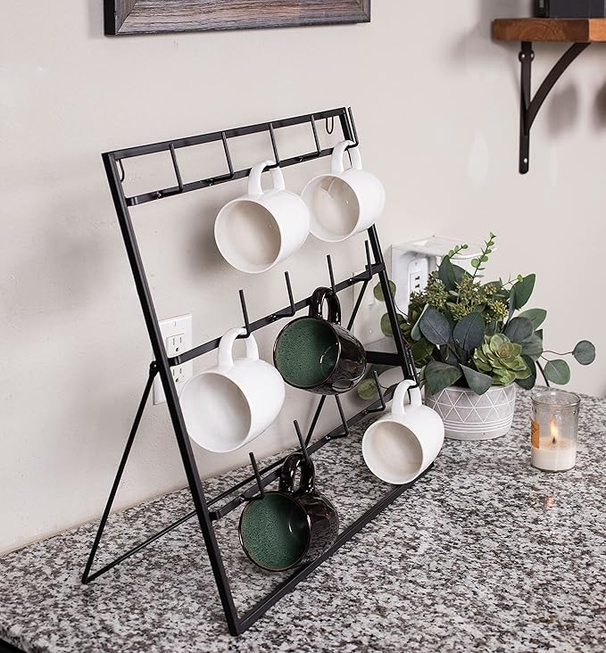 BIRDROCK HOME 14-Hook Mug Rack - Free Standing or Wall Mountable - Coffee Tea Cup Glass Storage Holder - Coffee Bar Display Décor - Decorative Kitchen Organizer - Flat Black Metal Steel-NeatNest