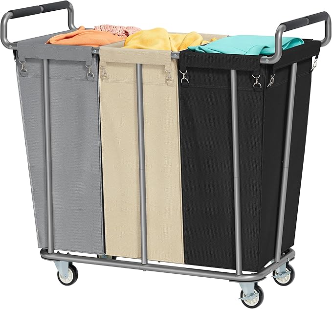 Large laundry hamper with Wheels, 360L 3 Bag Big Rolling Laundry Hamper Sorter Cart, Extra Large Laundry Clothes Hamper, Heavy Duty Laundry Basket Organizer for Laundry Room,Bathroom