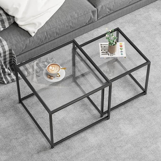 Glass Nesting Coffee Table Set of 2, Modern Minimalist Center Tables, Living Room Coffee Tables for Home, Office, Bedroom, Small Spaces, Space-Saving, Black