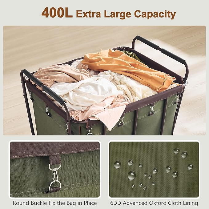Hoctieon Large Laundry Cart with Wheels, 400L Heavy Duty Laundry Basket Organizer, Rolling Hamper Sorter for Clothes Storage, Industrial Dirty Clothes Hamper for Home & Hotel, Green+Brown-NeatNest