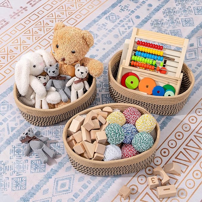 CubesLand Small Baskets, Storage Baskets for Organizing Shelves, Rectangular Woven Storage Baskets Natural Cotton Rope Toy Storage Bins Closet Baby Baskets Empty Gifts Baskets Camel/Mixed Black-NeatNest