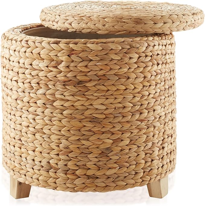 Casafield 17" Round Storage Ottoman with Lid - Natural, Handwoven Water Hyacinth Footstool for Living Room, Bedroom, Bathroom, Home Office-NeatNest