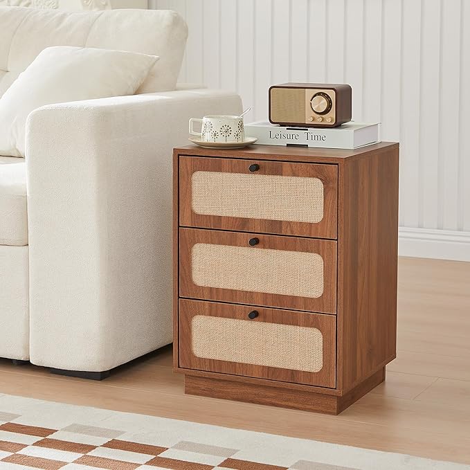 16 Inch Nightstand Set of 2, Mid-Century Wood Night Stand with 3 Storage Drawer, Farmhouse Small Linen Decor End Table for Sofa Couch, Side Tbale for Bedside Bedroom, Living Room (Walnut)